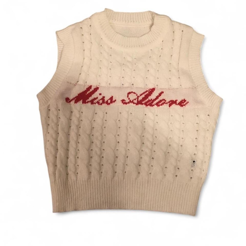 SHEIN Cream Knit Sleeveless Sweater with Red Text (Miss Adore)